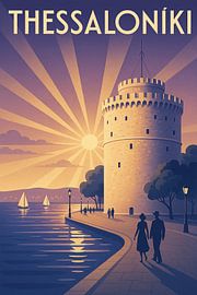 Thessaloníki Art Deco Poster - Witte Toren aan Zee van Travel Shop