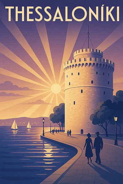 Affiche Art Déco Thessaloníki - Tour blanche au bord de la mer par Travel Shop
