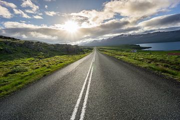 IJsland - Magisch moment over rechte snelweg tussen groen veld van Simon Dux