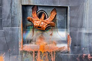 Ship's hull with anchor, rust and oil stains