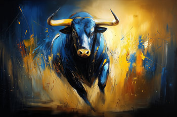 A powerful bull in blue and gold
