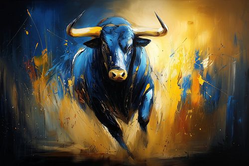 Kraftvoller Stier in Blau und Gold von ARTemberaubend