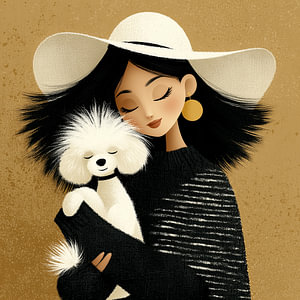 In den Armen des anderen – Elegante Frau mit weißem Pudel | Moderne Modeillustration