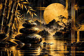 Zen Steine mit Bambus in Schwarz & Gold | Asiatische Kunst für Ruhe & Balance | Poster Querformat von ButterflyPix