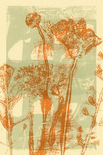 Levendige abstracte minimalistische botanische kunst in oranje en zacht groen