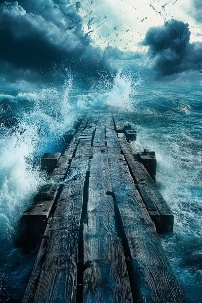 Storm waves on wooden jetty - Dramatic by Poster Art Shop