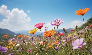 Een bloemenveld met een blauwe lucht op de achtergrond