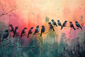 Peinture oiseaux sur branche | Peinture oiseaux abstraite