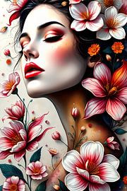 painting Geisha woman flowers