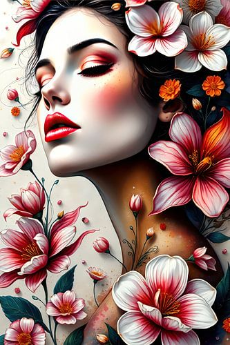 schilderij Geisha vrouw bloemen