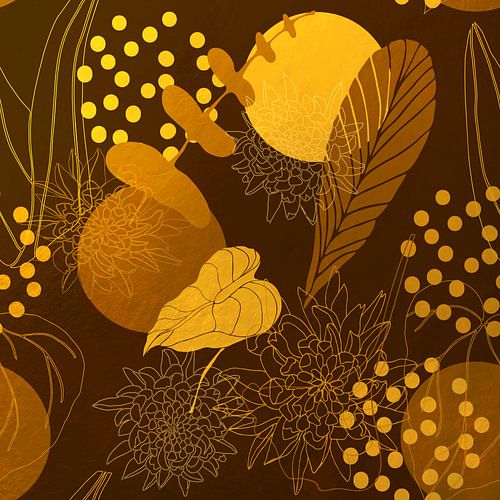 Gouden Nacht Botanische Vibes met Manen, Bloemen en Bladeren. Geel, goud, oker en donkerbruin.