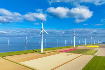 Windturbines op een dijk en voor de kust tijdens de lente gezien vanaf