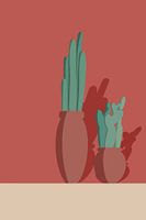 Illustratie van cactussen in terracotta potten tegen een terrakleurige achtergrond