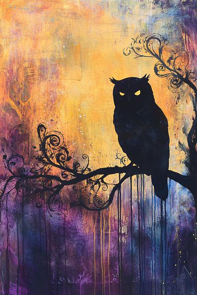 Eulen-Silhouette auf Zweig Kunstwerk von Imperial Art House