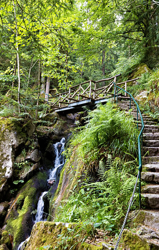 De idyllische Gertelbach-watervallen, omgeven door een groen bos