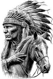 Native American Chief Horse Detailed Vintage Line Art by NAIME ATELIER
