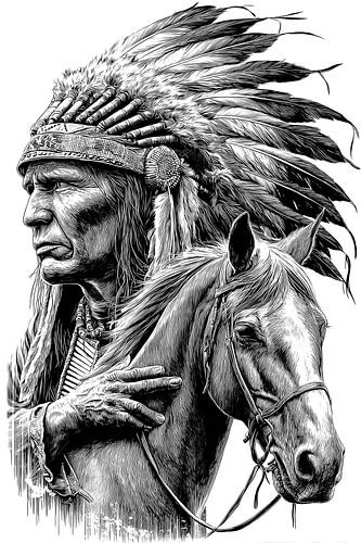 Native American Chief Horse Detailed Vintage Line Art