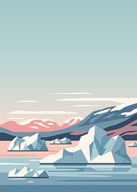 Minimalist flat vector illustration of icebergs floating in a polar bay under a pale sky. by Adam Khabibi