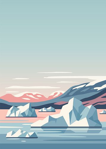 Minimalistische, platte vectorillustratie van ijsbergen die in een poolbaai drijven onder een bleke hemel.