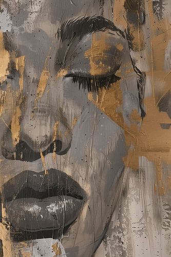 Abstract portret van een vrouw in grijs en goud variant 2