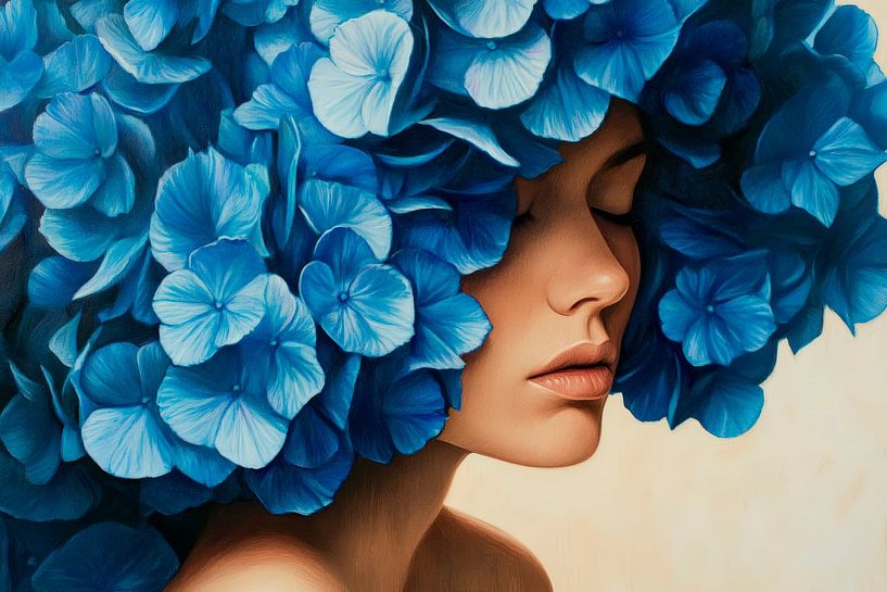 Frau mit blauen Hortensienkranz von Poster Art Shop