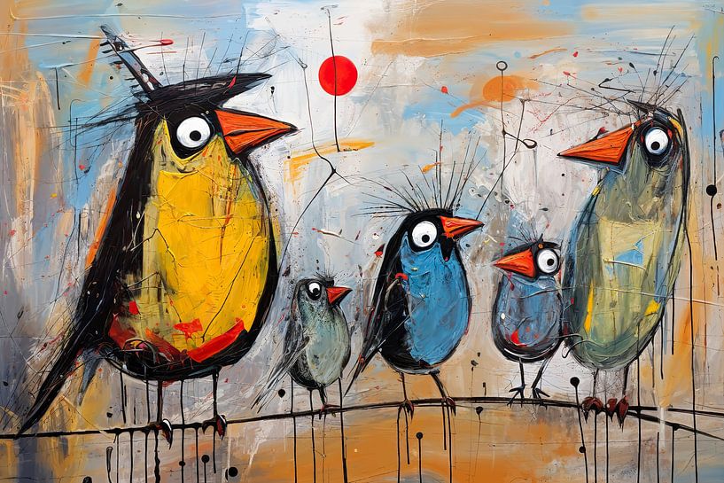 Vogelreihe | Bunte Vogelmalerei von Blickfänger Gemälde