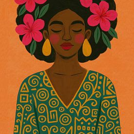 Modern Afrikaans Portret: Vrouw met Bloemen en Tijger van Patricia Leona Art