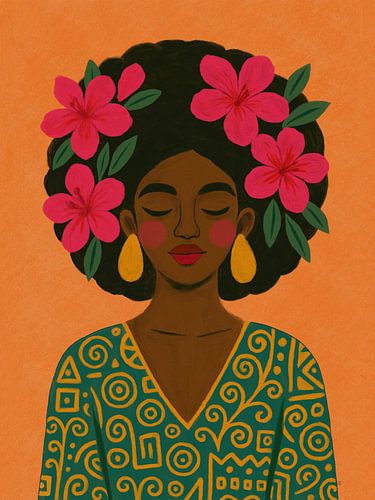 Modernes afrikanisches Porträt: Frau mit Blumen und Tiger von Patricia Leona Art