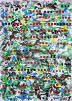 Blauw-gele stippen op zwart-witte kluwen van kleuren met bruine vierkantjes