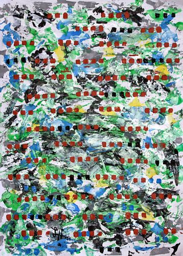 Blauw-gele stippen op zwart-witte kluwen van kleuren met bruine vierkantjes