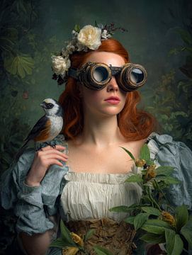 Verträumtes Porträt mit Vogel und Blumen