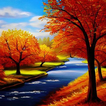 Herfstbomen bij een rivier schilderij van Laly Laura
