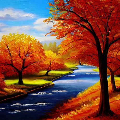 Autumn trees near a river painting
