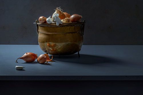 Stilleben einer Zwiebel im Kupfertopf
