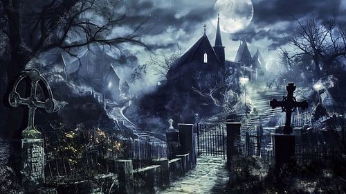 Verlaten kerkhof in de avond