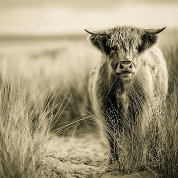 Hooglander koeien portret in sepia