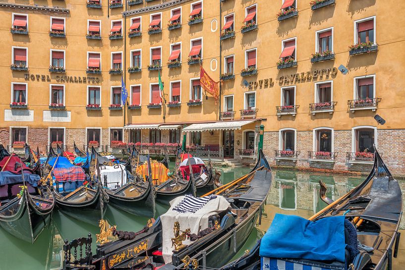 Gondolas in front of hotel Cavalletto in Venice by Richard van der Woude