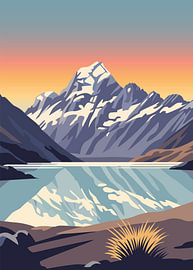Majestic snowy mountain range reflecting in a serene lake at sunset by Adam Khabibi