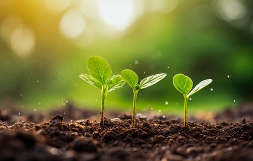 Jonge planten groeien in de grond met waterdruppels en symboliseren groei, eco-concepten