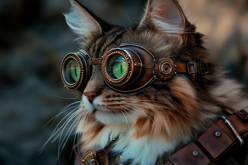 Cat with steampunk glasses - portrait by Poster Art Shop