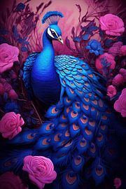 Blue peacock surrounded by flowers