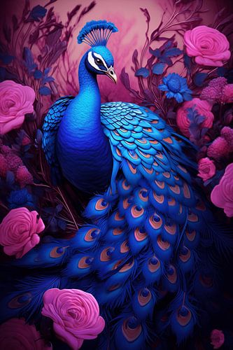 Blauwe pauw omringd door bloemen