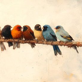 Oiseaux colorés sur une branche, style aquarelle sur But First Framing