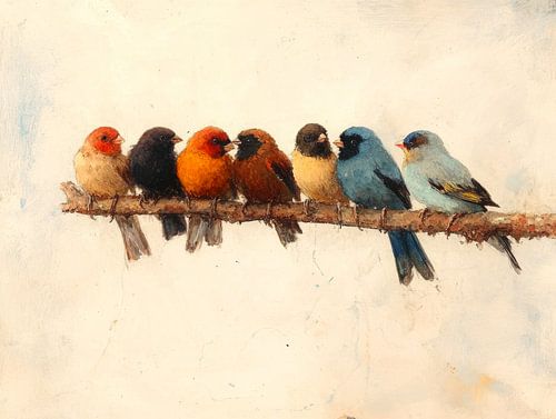 Colourful birds on a branch in watercolour style by But First Framing