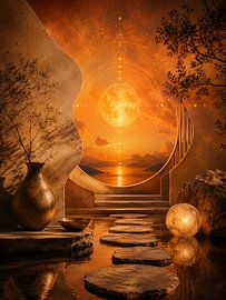 Cosmic Sunset Portal – Sérénité dorée au bord de l'eau sur Mysterious Spectrum