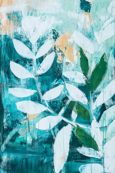 Grüne Blätter auf Aqua – Abstrakt von Poster Art Shop