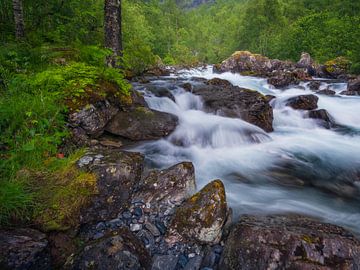 Wild stromende rivier in de lente in Romsdalen, Noorwegen. van Jos Pannekoek