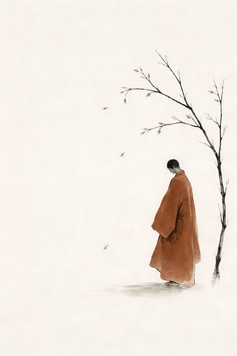 Minimalistische Japanse Figuur onder Boom Poster