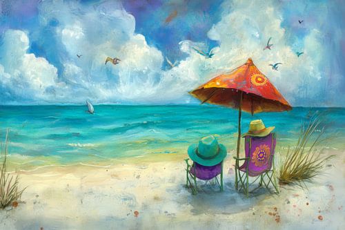 Colourful painting of a beach with chairs and parasol, bohemian, blue