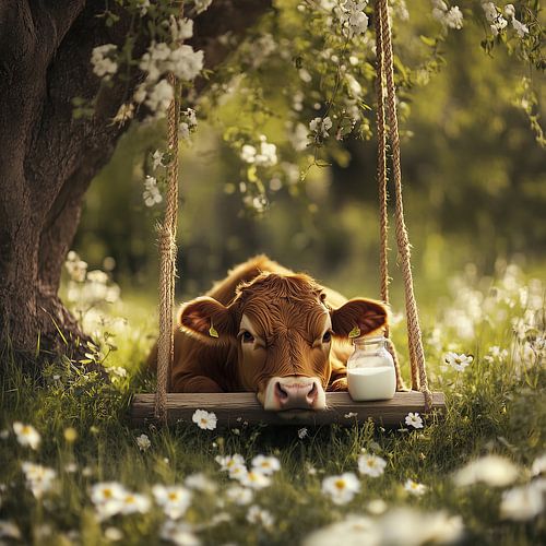 Repos dans le pré avec du lait